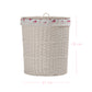 Antique white wicker laundry basket with floral lining, lace trim, and dimensions of 52 cm height and 45 cm width.