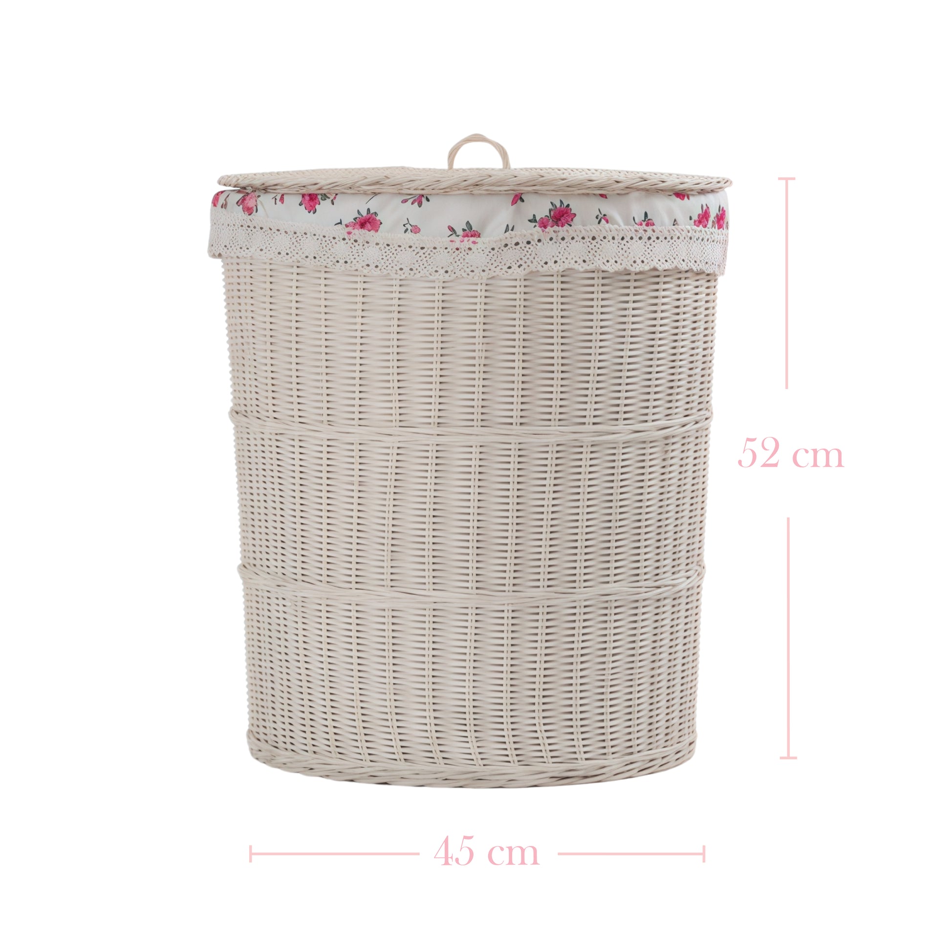 Antique white wicker laundry basket with floral lining, lace trim, and dimensions of 52 cm height and 45 cm width.