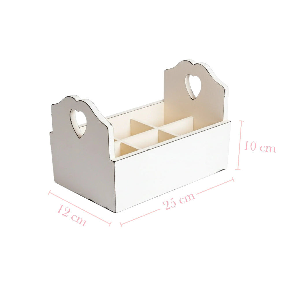 Antique white wooden cutlery caddy with six compartments and heart-shaped handle cutouts, featuring pink dimension lines showing 25 cm length, 12 cm width, and 10 cm height.