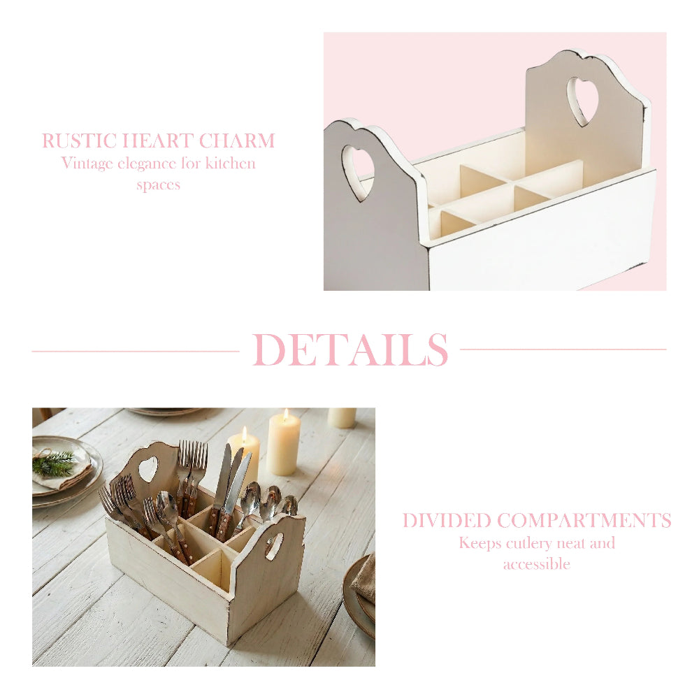 Collage of an antique white wooden flatware caddy with divided compartments and heart-shaped handle details, featuring pink accent text.