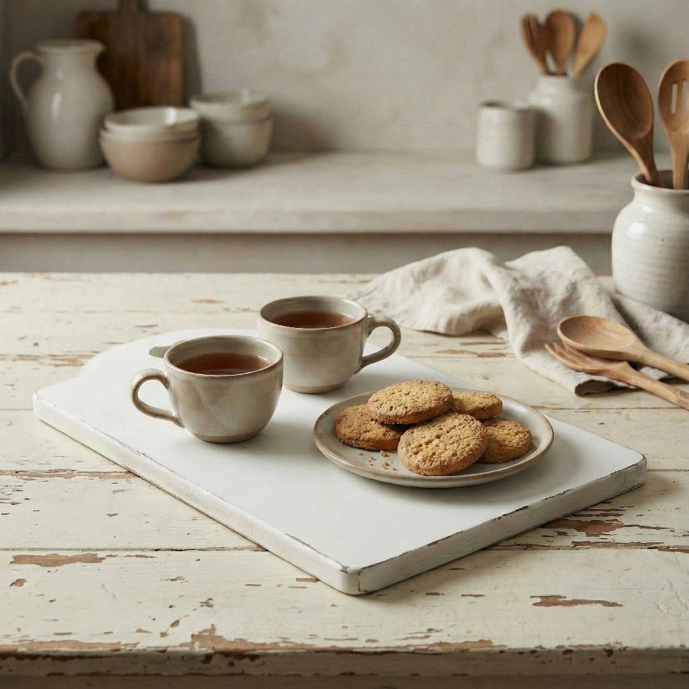 Antique white rectangular serving board with a distressed finish holding two ceramic mugs of tea and a plate of golden cookies on a rustic wooden counter.