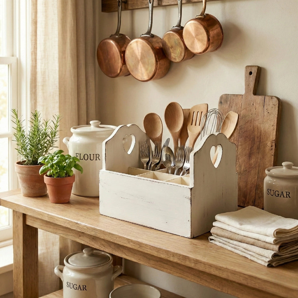 Antique white wooden utensil holder with heart cut-outs, used to store wooden spoons and whisks on a rustic kitchen sideboard.