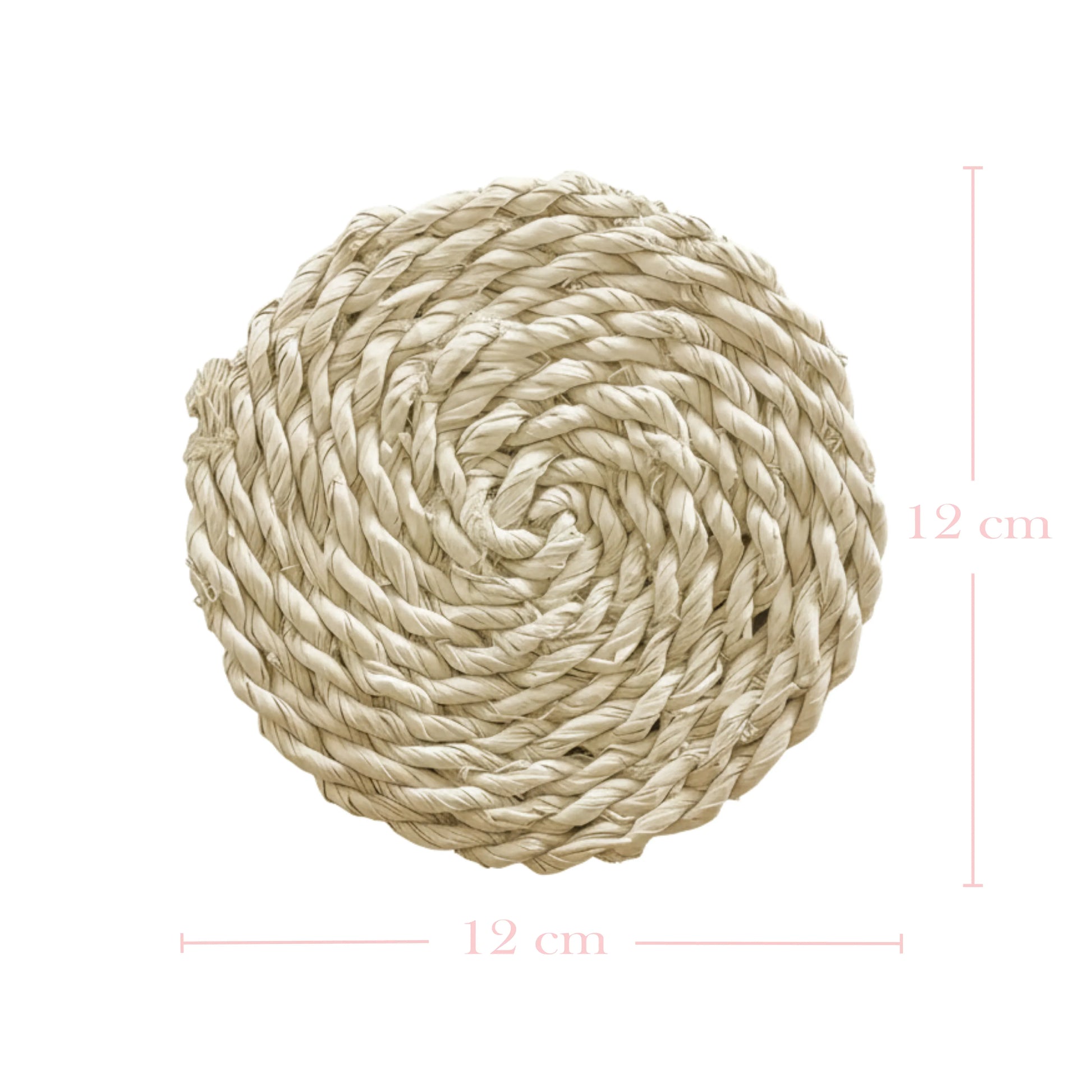 Antique white woven round coaster with 12 cm dimension lines shown on a clean white background.