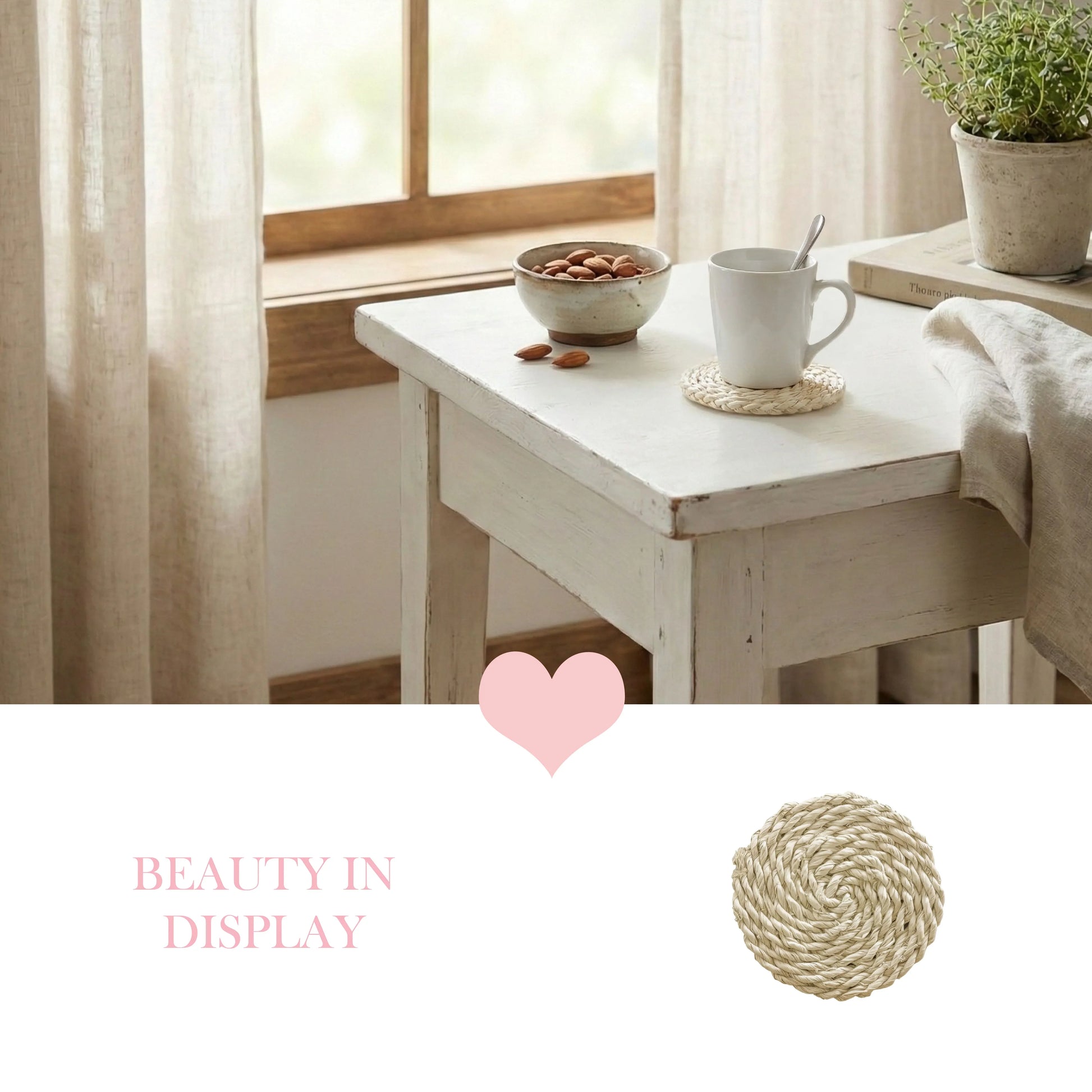 Antique white woven round coaster collage featuring a lifestyle scene of a white mug on a distressed side table by a window and a circular product cutout.