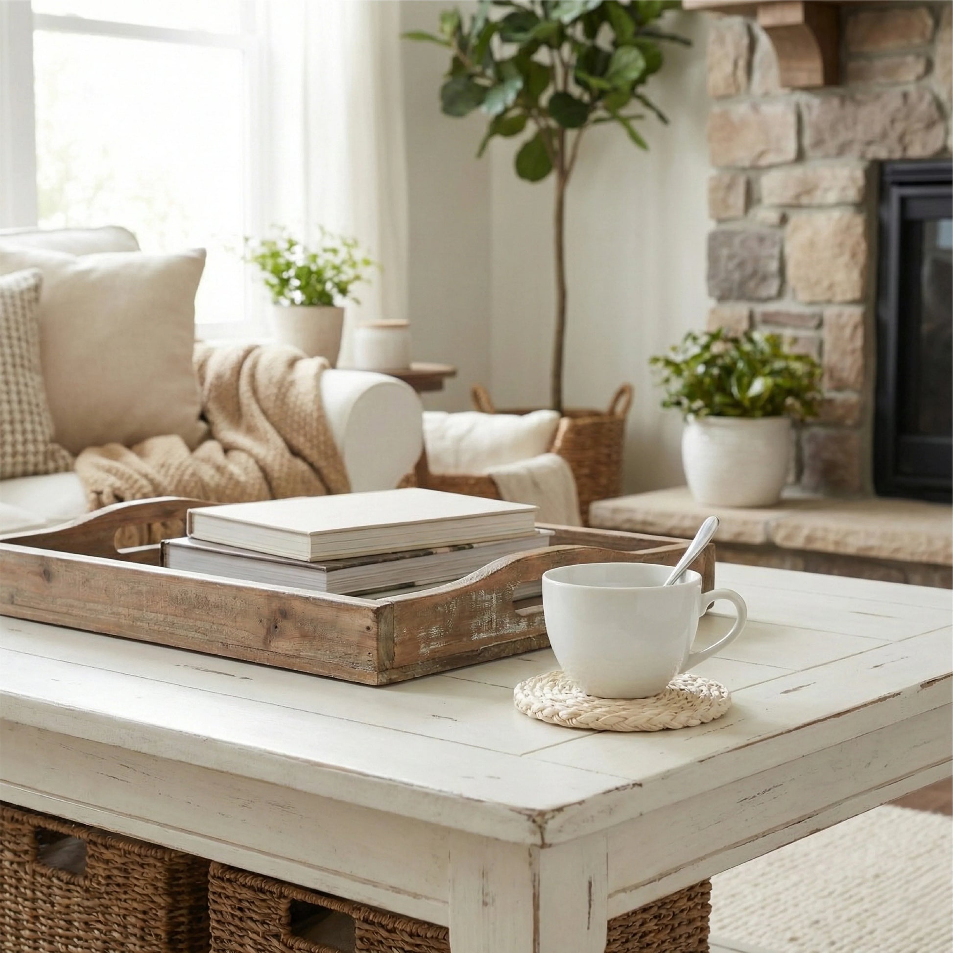 Antique white woven round coaster under a white mug on a distressed white coffee table in a bright, farmhouse-style living room with a fireplace and greenery.