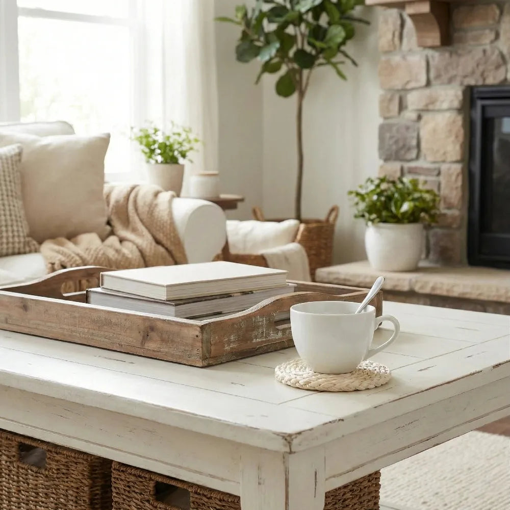 Cozy living room with a wooden coffee table, books, a cup, and a fireplace.