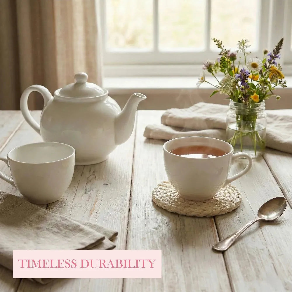 Tea set with teapot, cups, and a spoon on a wooden table with 'Timeless Durability' text.