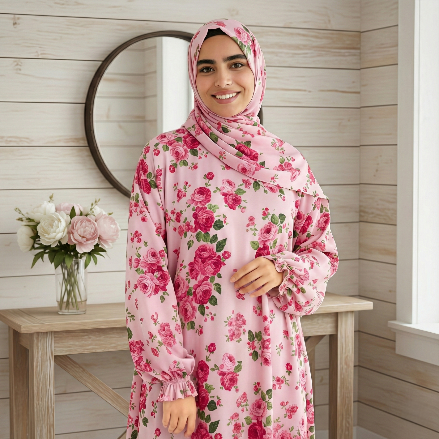 Woman wearing a pink floral dress and hijab in a room with wooden walls and a table with flowers.