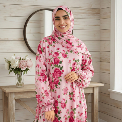 Woman wearing a pink floral dress and hijab in a room with wooden walls and a table with flowers.