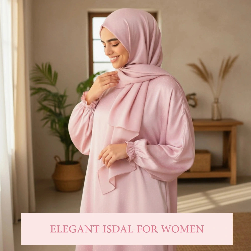 Woman wearing a pink hijab and polka dot Isdal Prayer dress in a home setting with plants and a wooden shelf.