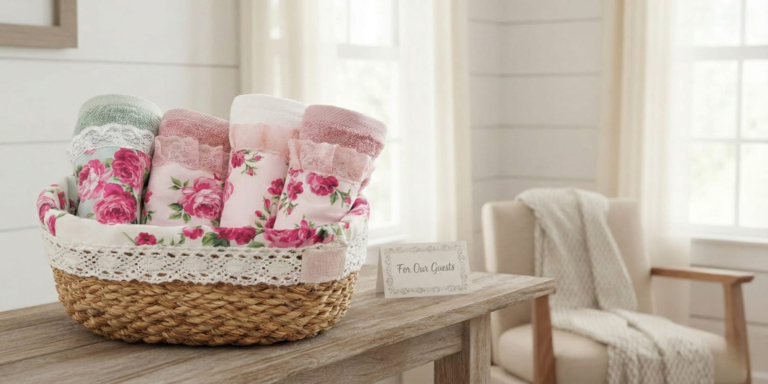 Basket of floral towels on a wooden table with a chair in the background