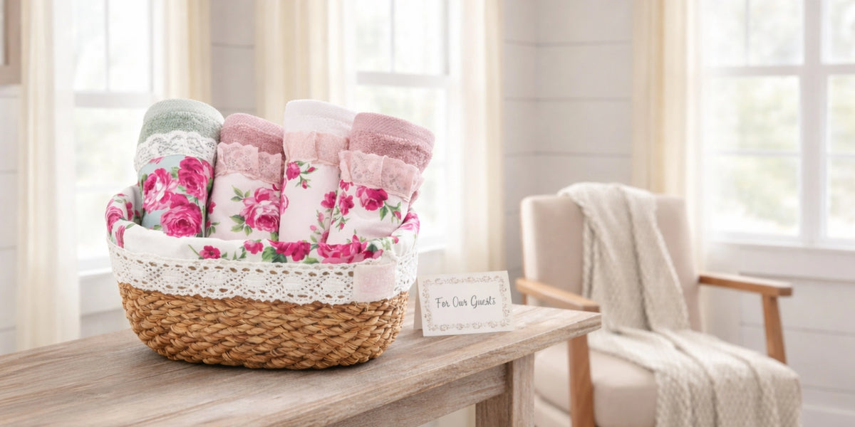 Basket of floral towels on a wooden table with a chair and window in the background