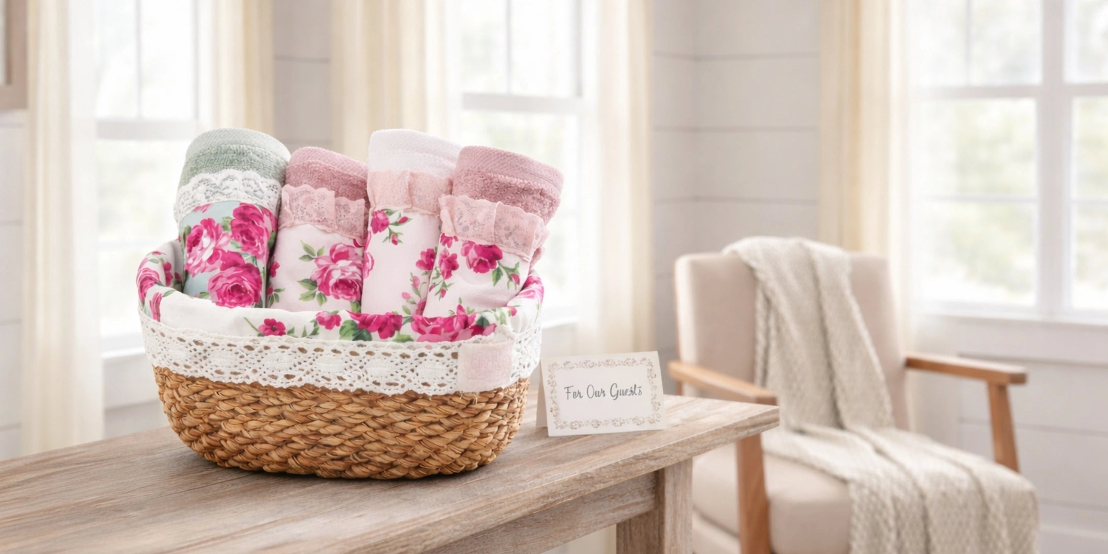 Basket of floral towels on a wooden table with a chair and window in the background