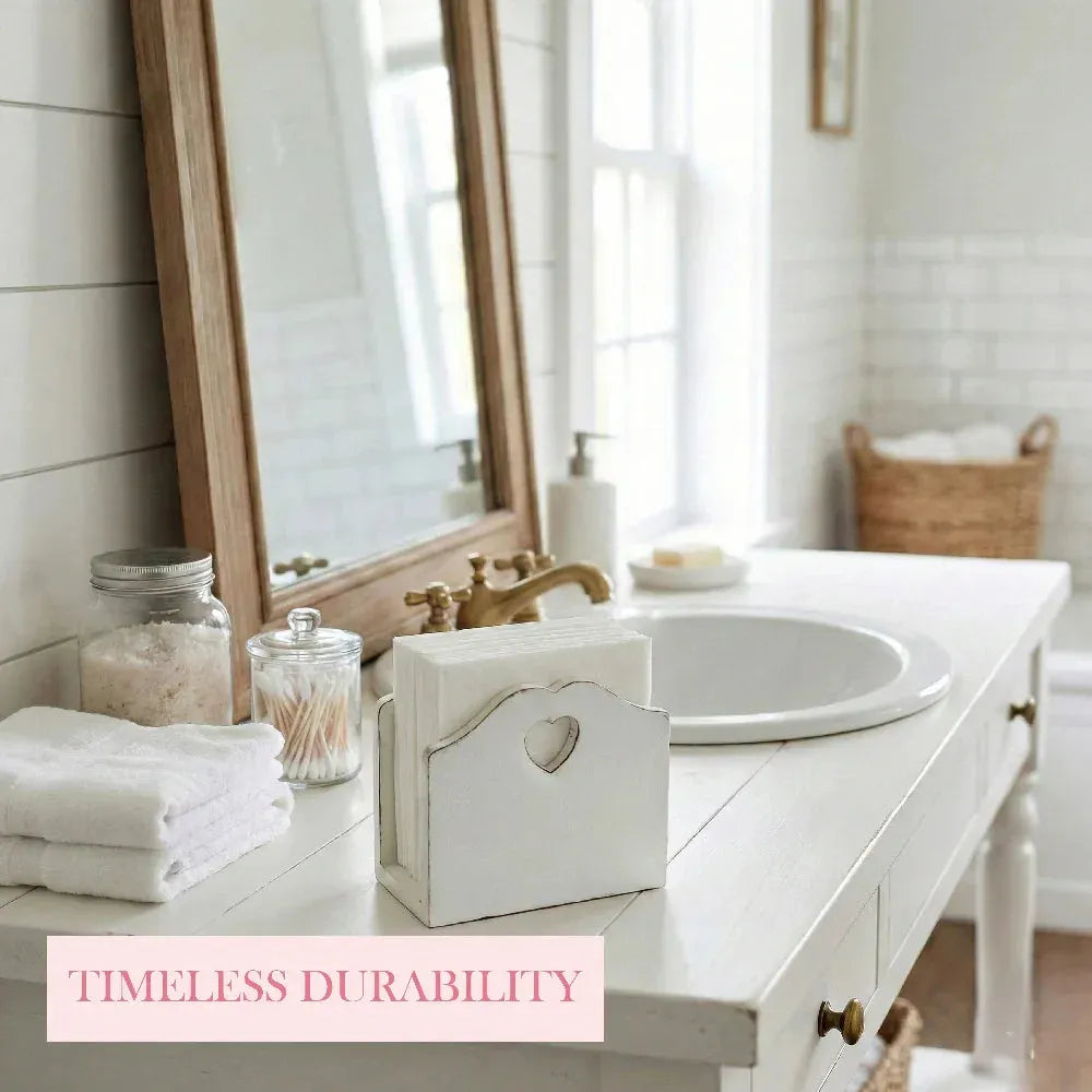 Bathroom vanity with sink, mirror, and decorative items with 'Timeless Durability' text.
