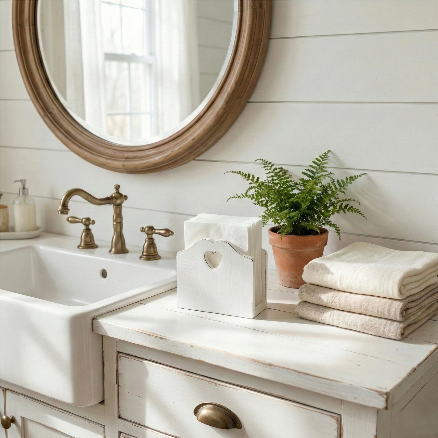 Bathroom vanity with sink, mirror, towels, tissue holder and plant