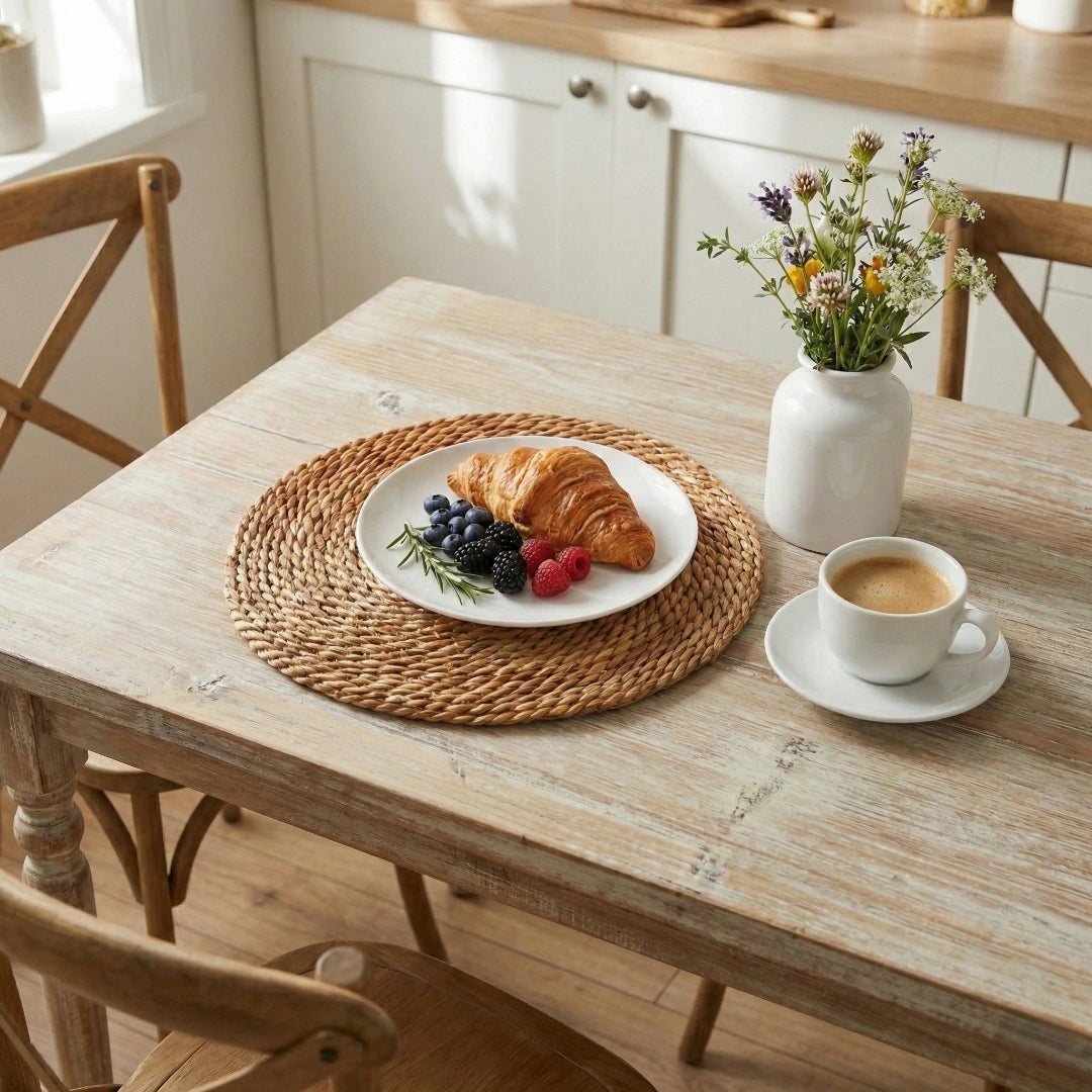 Breakfast setting on a wooden table with a plate of croissant, berries on a halfa placemat and a cup of coffee.