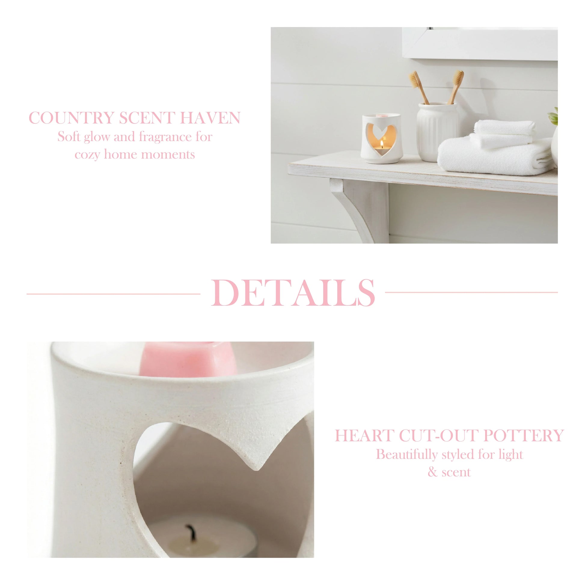 Ceramic heart-shaped candle holder with a pink candle on a white surface, with text about Country Scent Haven and heart cut-out pottery.

