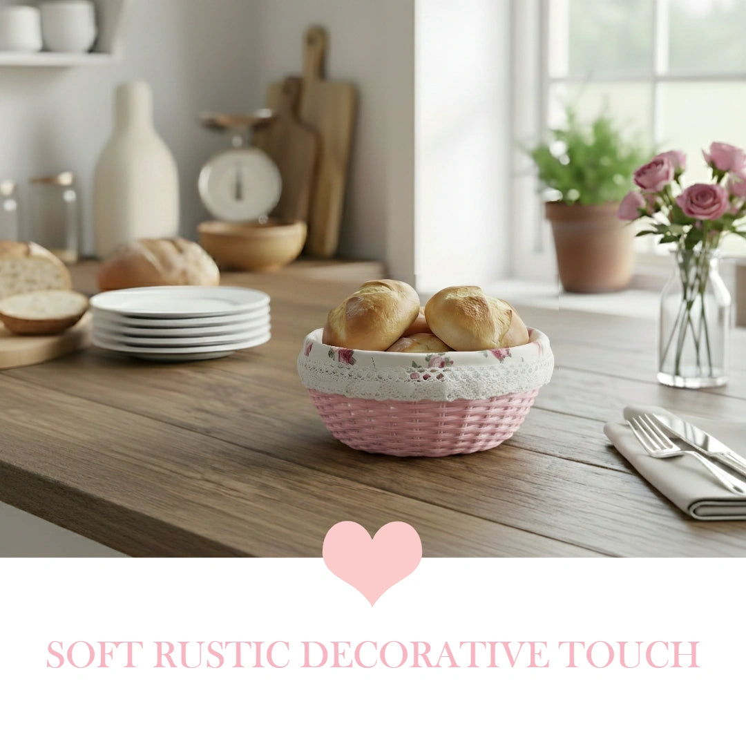 Cottage Round Wicker Basket of bread on a wooden table with decorative elements in a kitchen setting