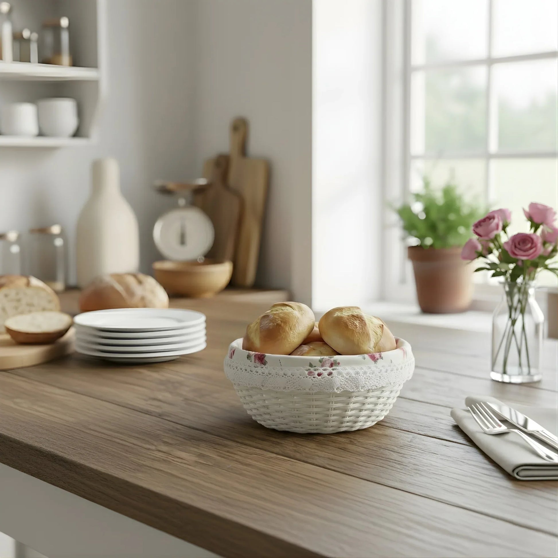 Bowl of bread on a wooden table with a kitchen setting in the background
