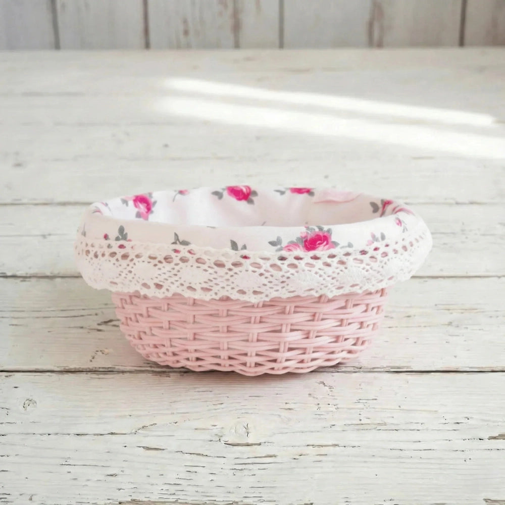 Cottage Round Wicker Basket with floral lace linen lining displayed on wooden surface