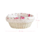 Cottage Round Wicker Basket with floral lid and measurements on a white background