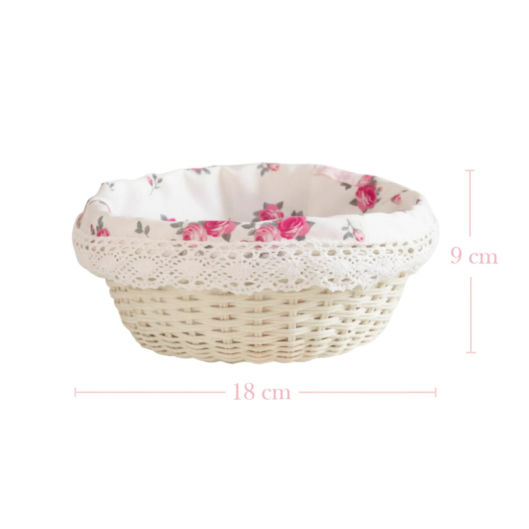 Cottage Round Wicker Basket with floral lid and measurements on a white background