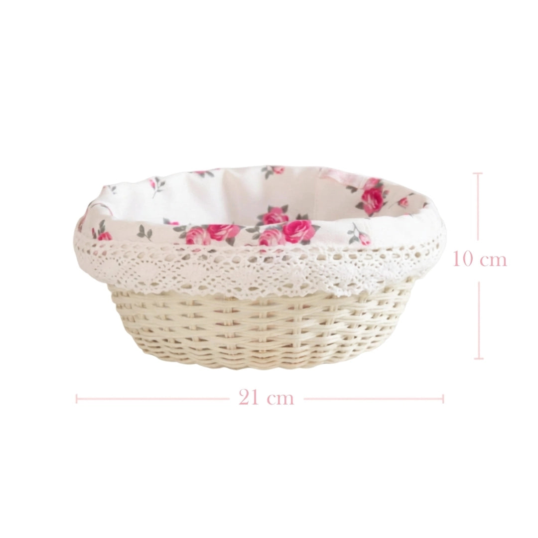 Cottage Round Wicker Basket with floral lid and measurements on a white background