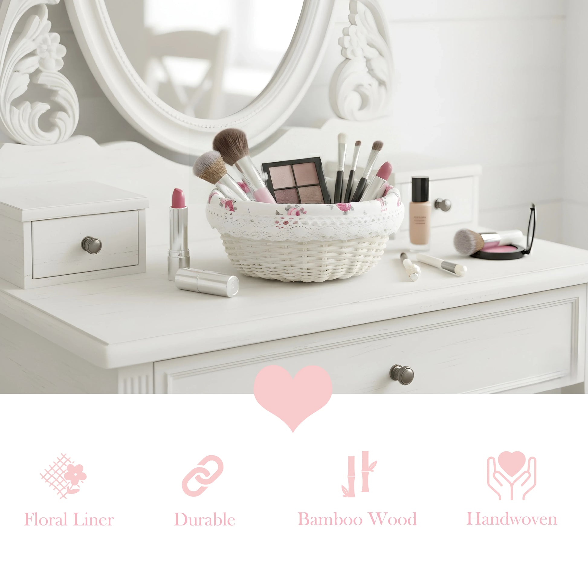 Makeup vanity with a basket of brushes and products, featuring a heart icon and product features text.