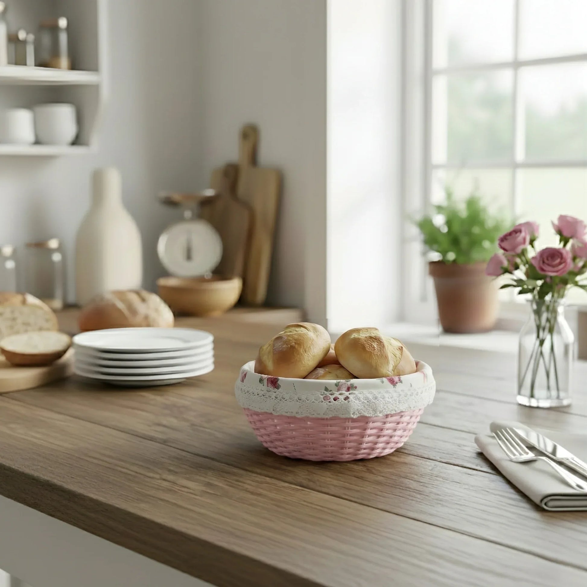 Bread in a pink basket on a wooden table with a kitchen background