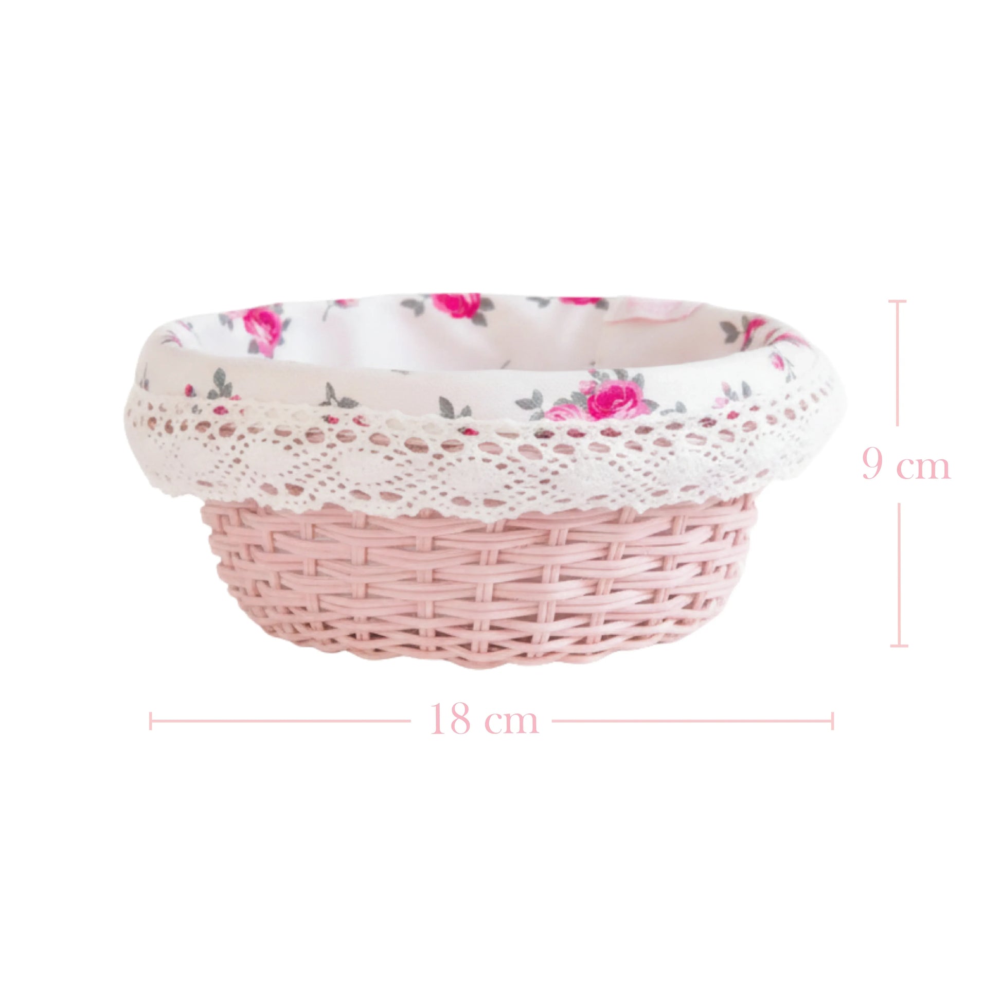 Pink wicker basket with floral lid and measurements on a white background