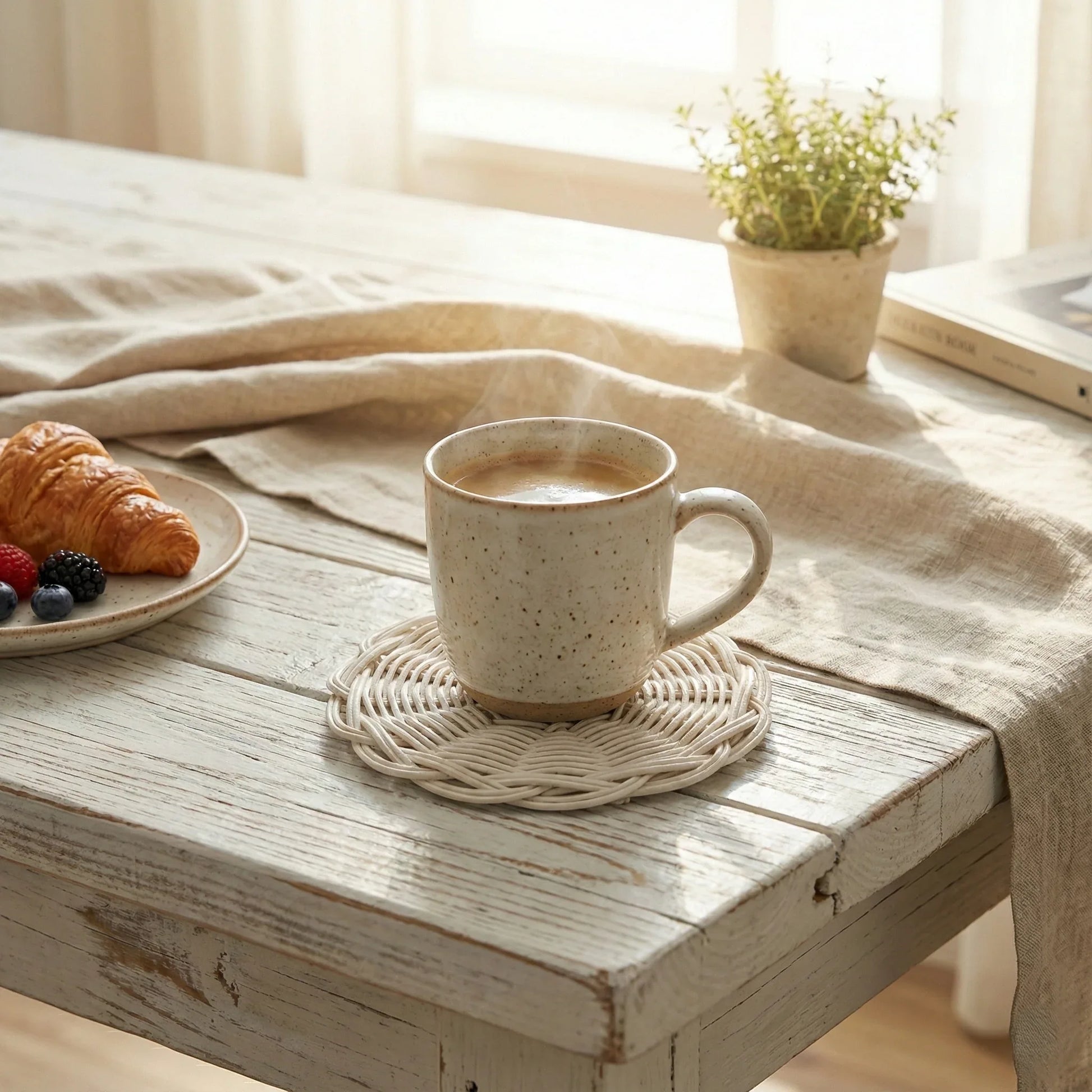 Cup of coffee on a woven coaster with a plate of pastries and a small plant on a wooden table.