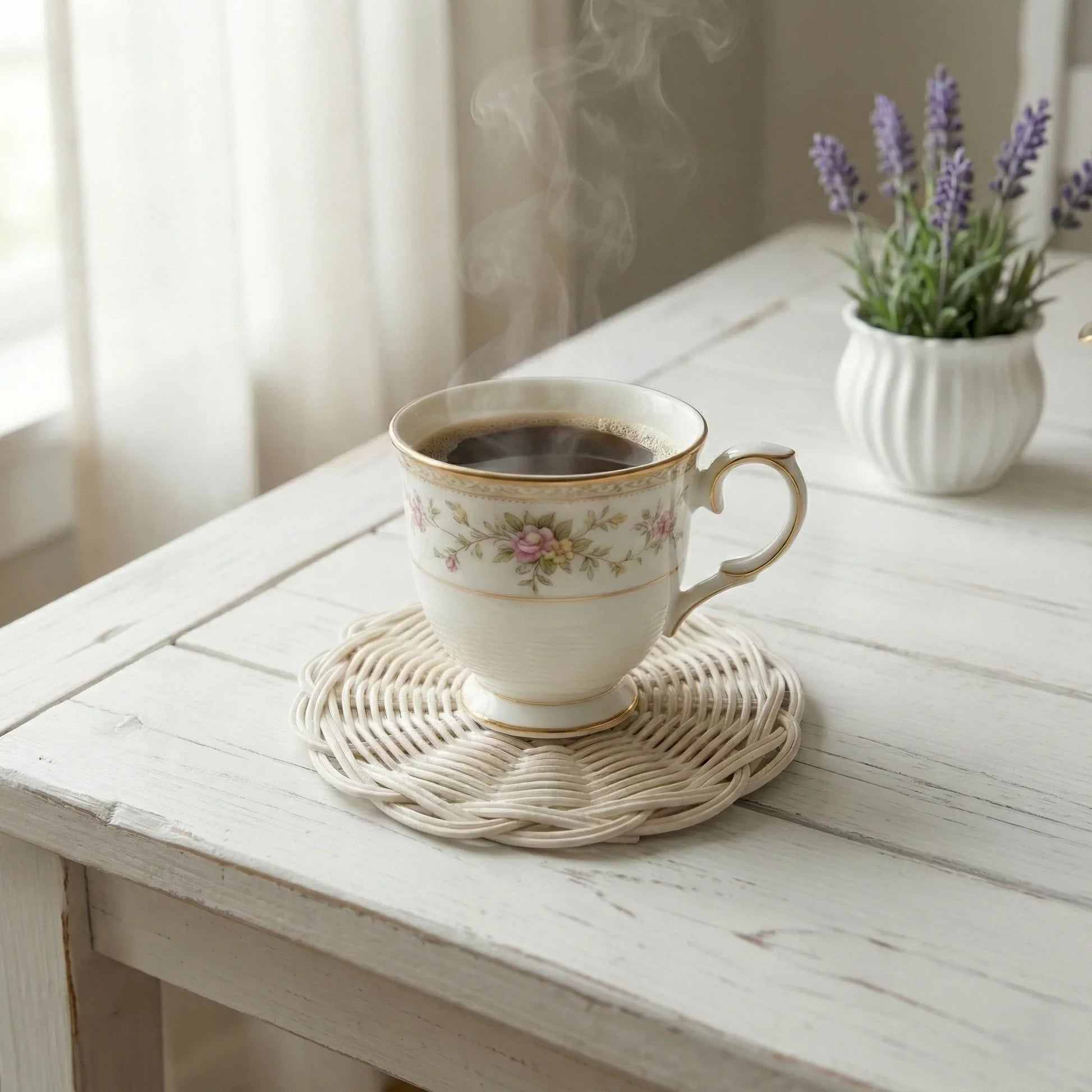 Steaming cup of coffee on a woven coaster with a small potted plant on a wooden table.