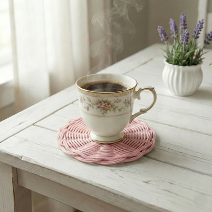 Steaming cup of coffee on a pink coaster with a small potted plant in the background.