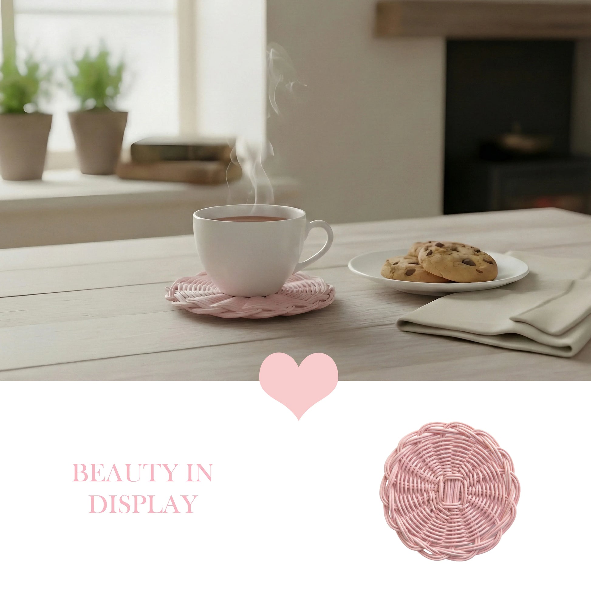 Steaming cup of coffee on a pink woven coaster with cookies on a plate, set against a neutral background.