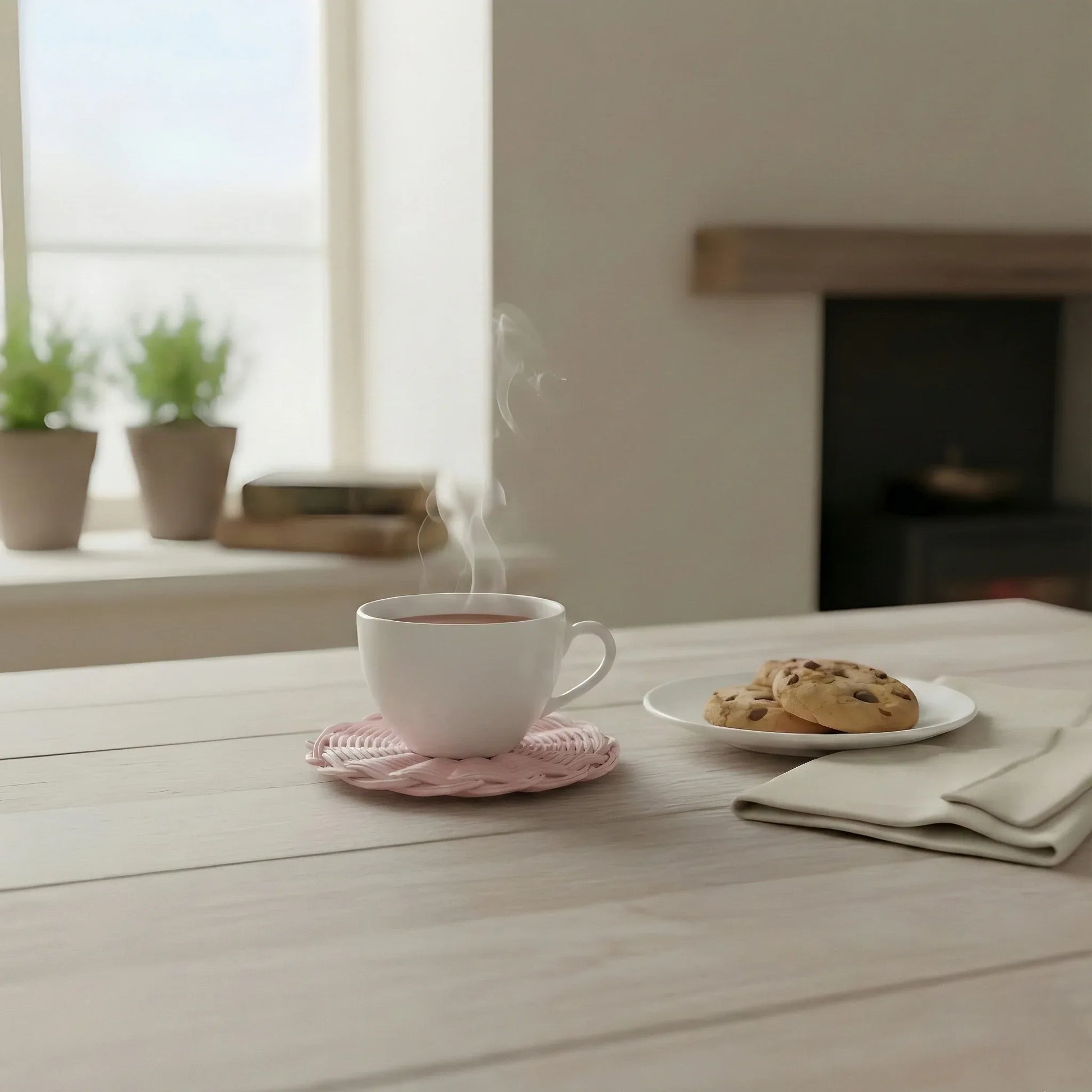 Steaming cup of coffee on a pink coaster with cookies on a plate on a wooden table.