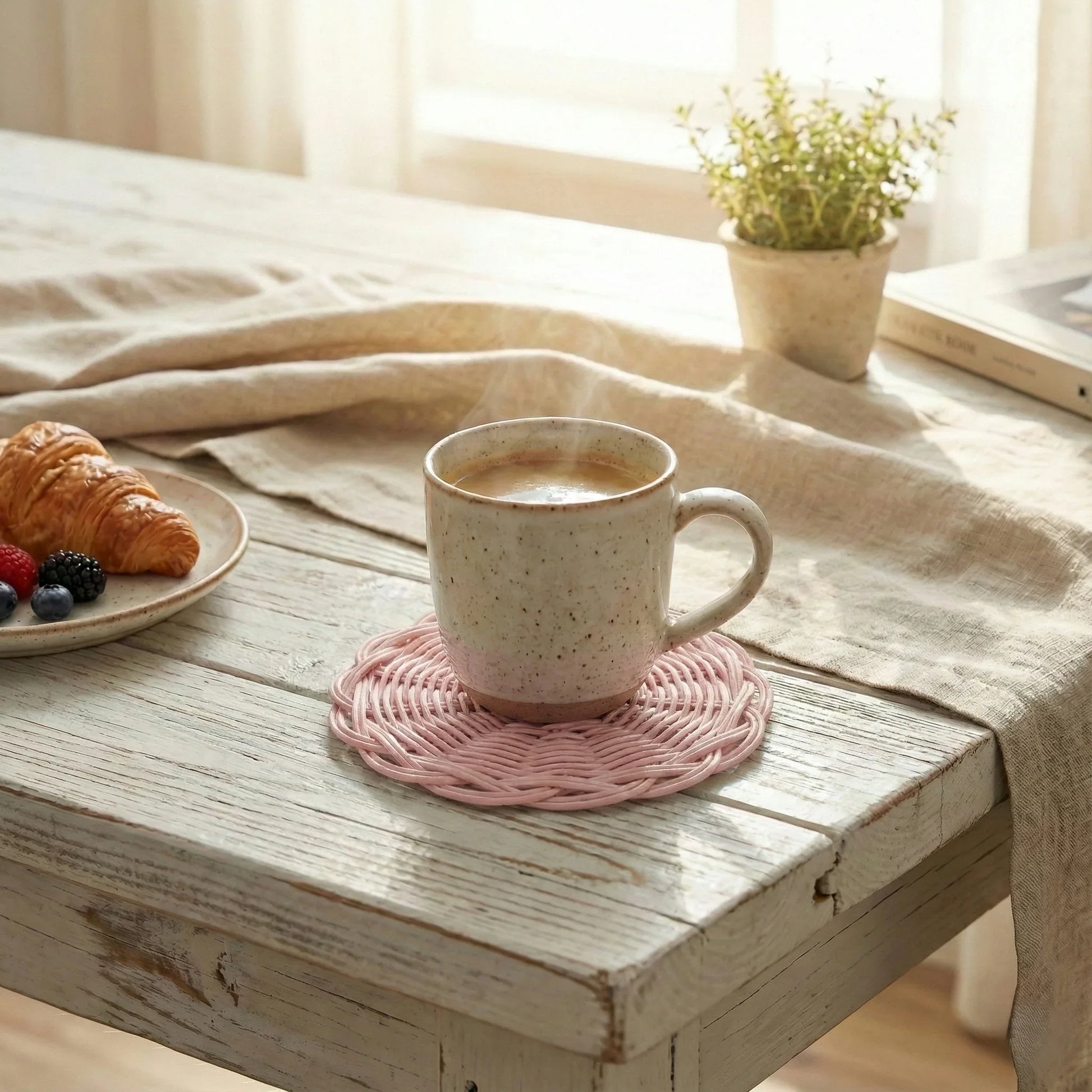 Cup of coffee on a pink coaster with a croissant and berries on a wooden table.