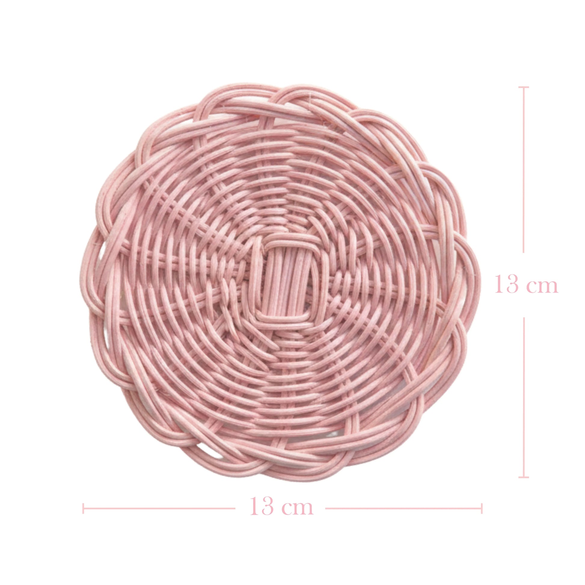 Pink woven round placemat with dimensions on a white background