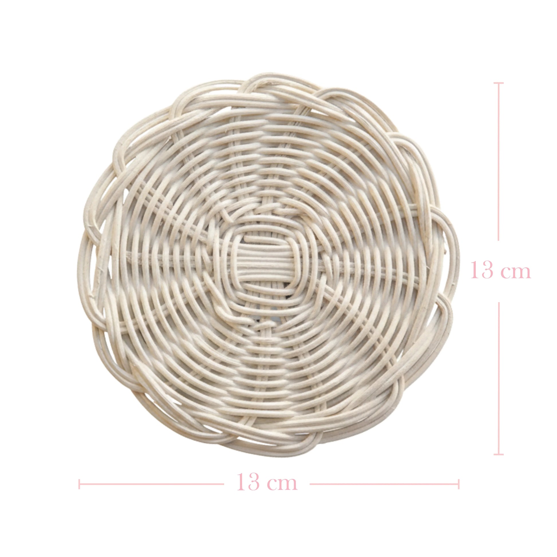 Round woven mat with dimensions indicated on a white background