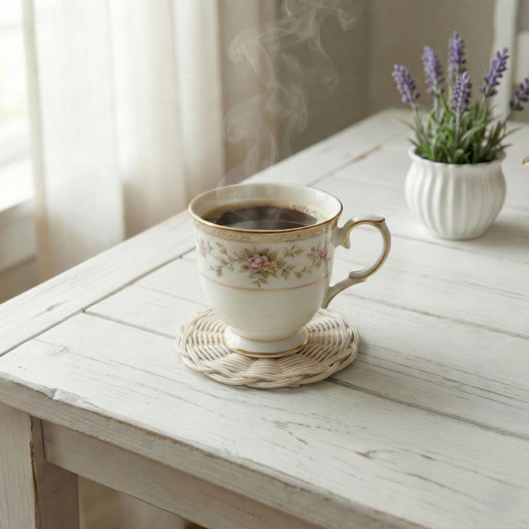 Cottage Round Wicker Coaster placed under steaming coffee cup on white wooden table with small potted plant