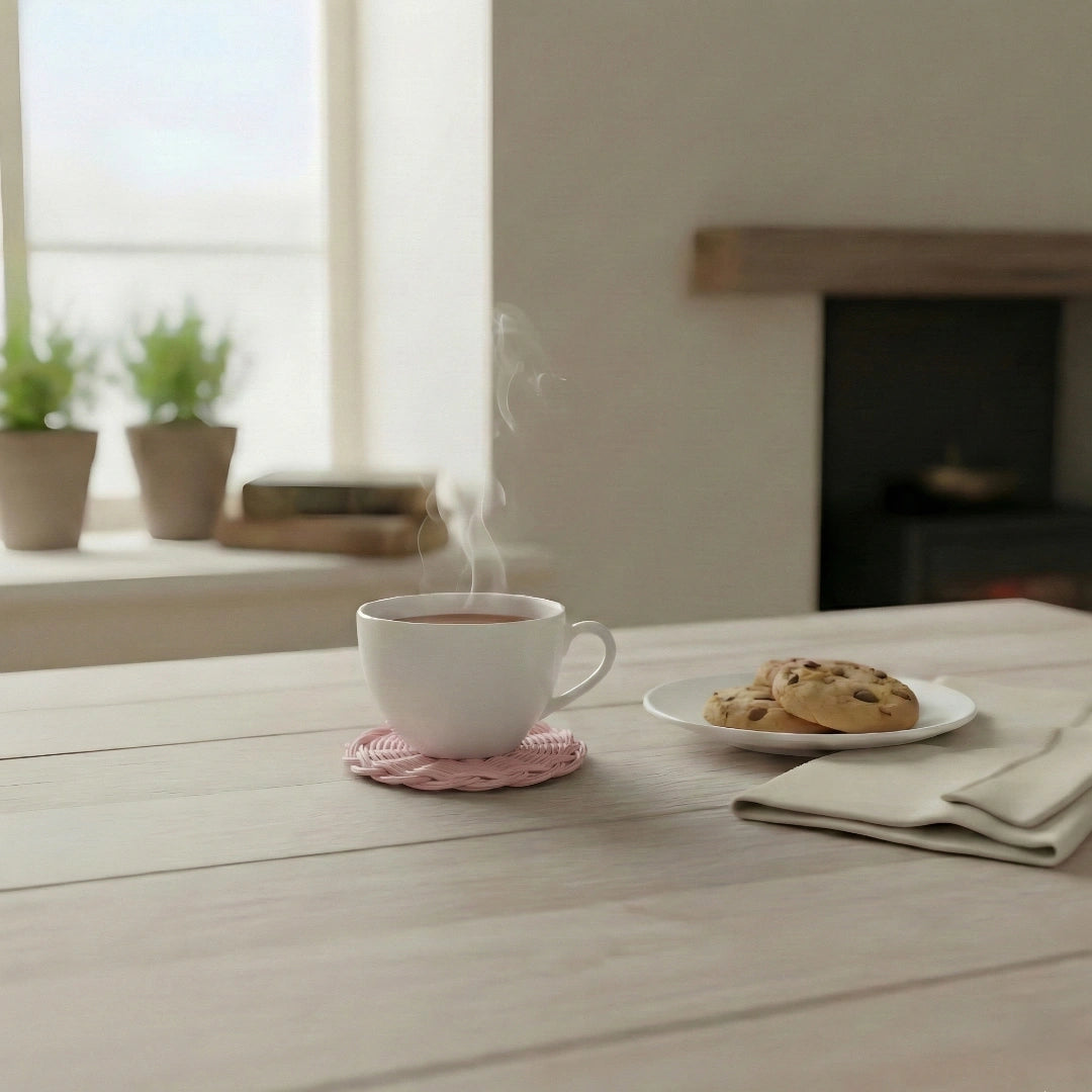 Cottage Round Wicker Coaster used under steaming cup of tea with cookies on wooden table