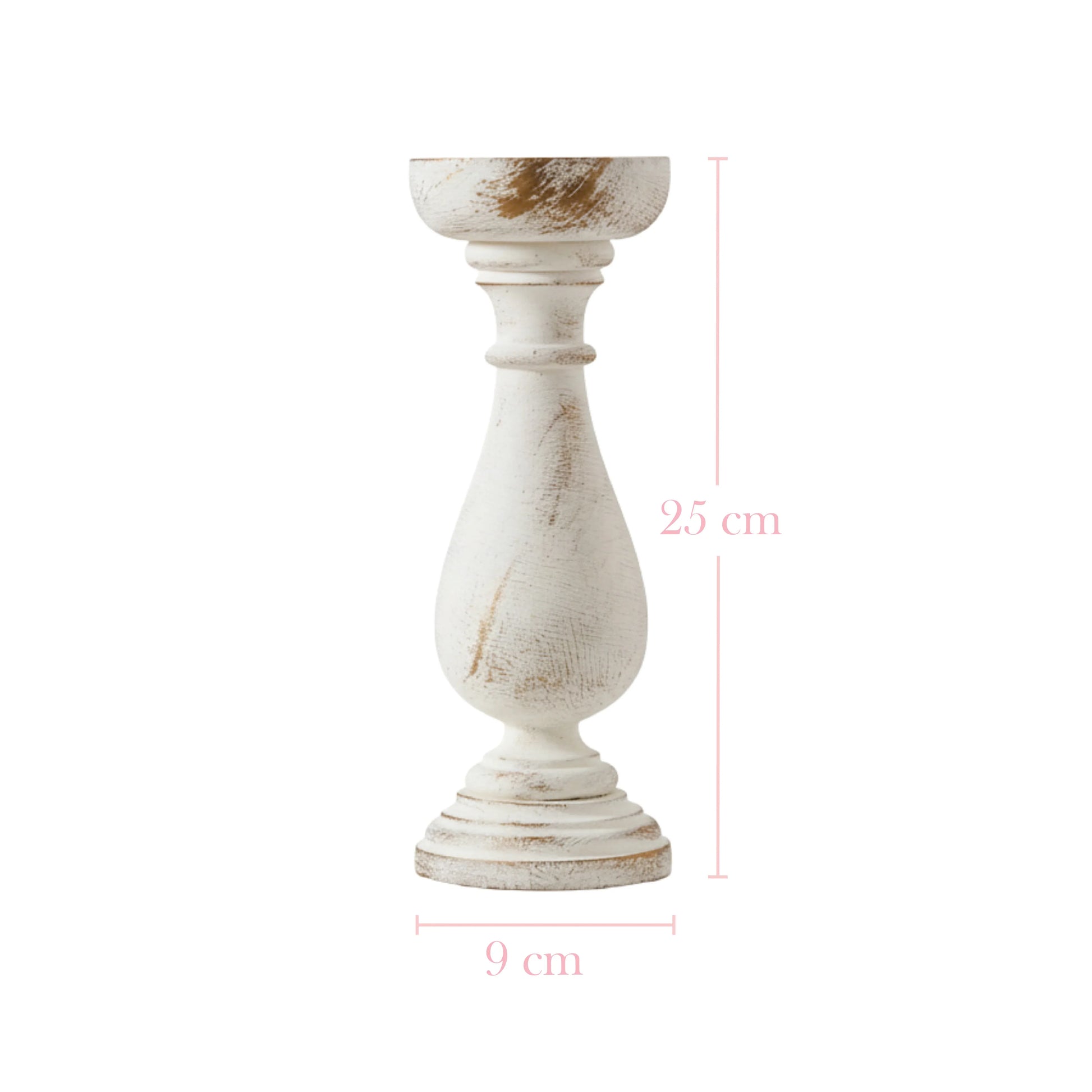 White wooden candle holder with dimensions on a white background