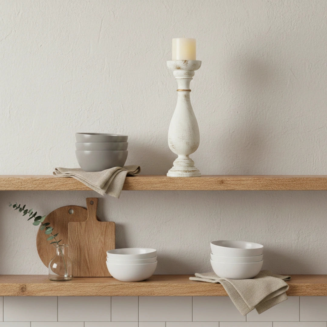 Country Carved Wooden Candle displayed with bowls and kitchen decor on wooden shelves 