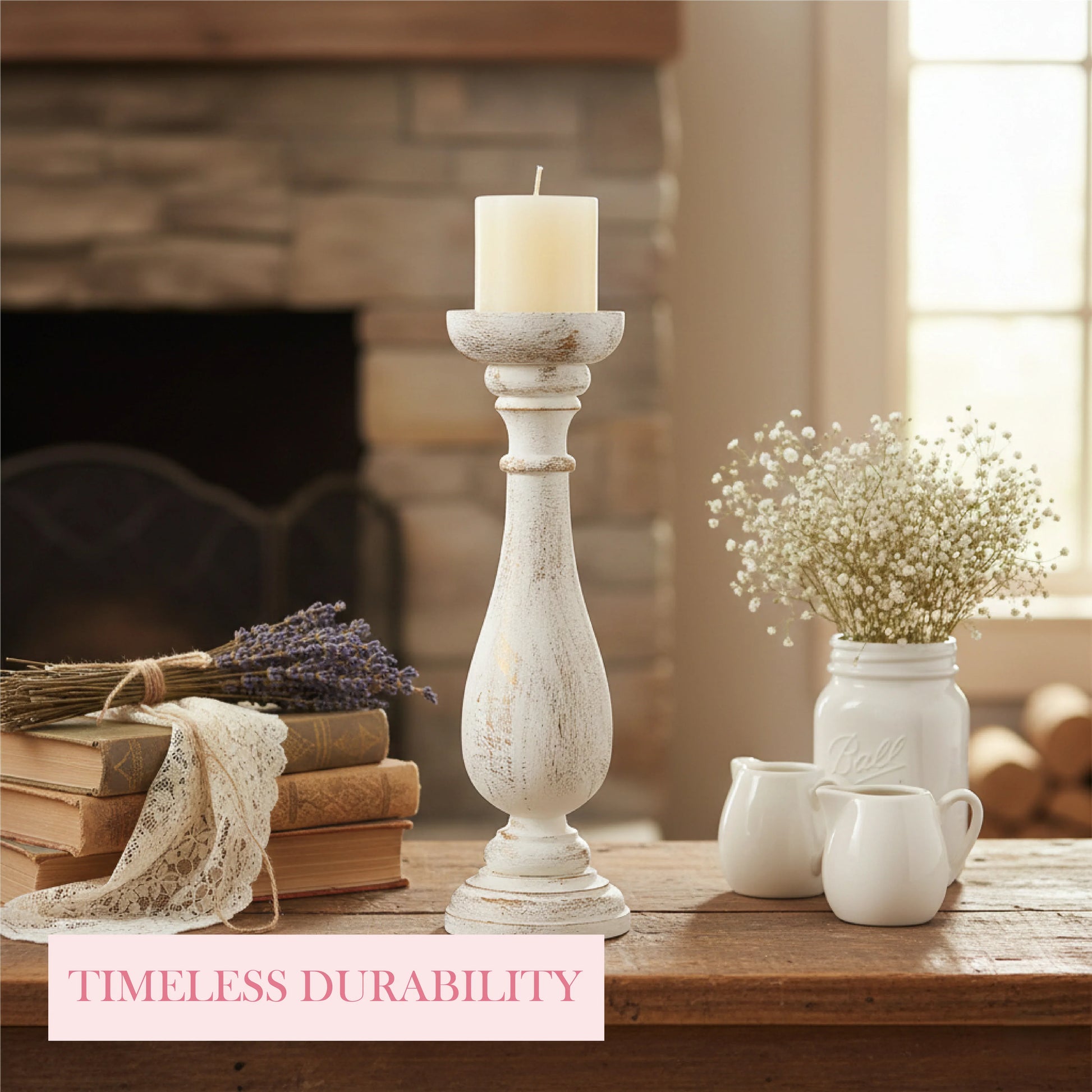 Decorative setting with a candlestick, books, and flowers on a wooden surface.