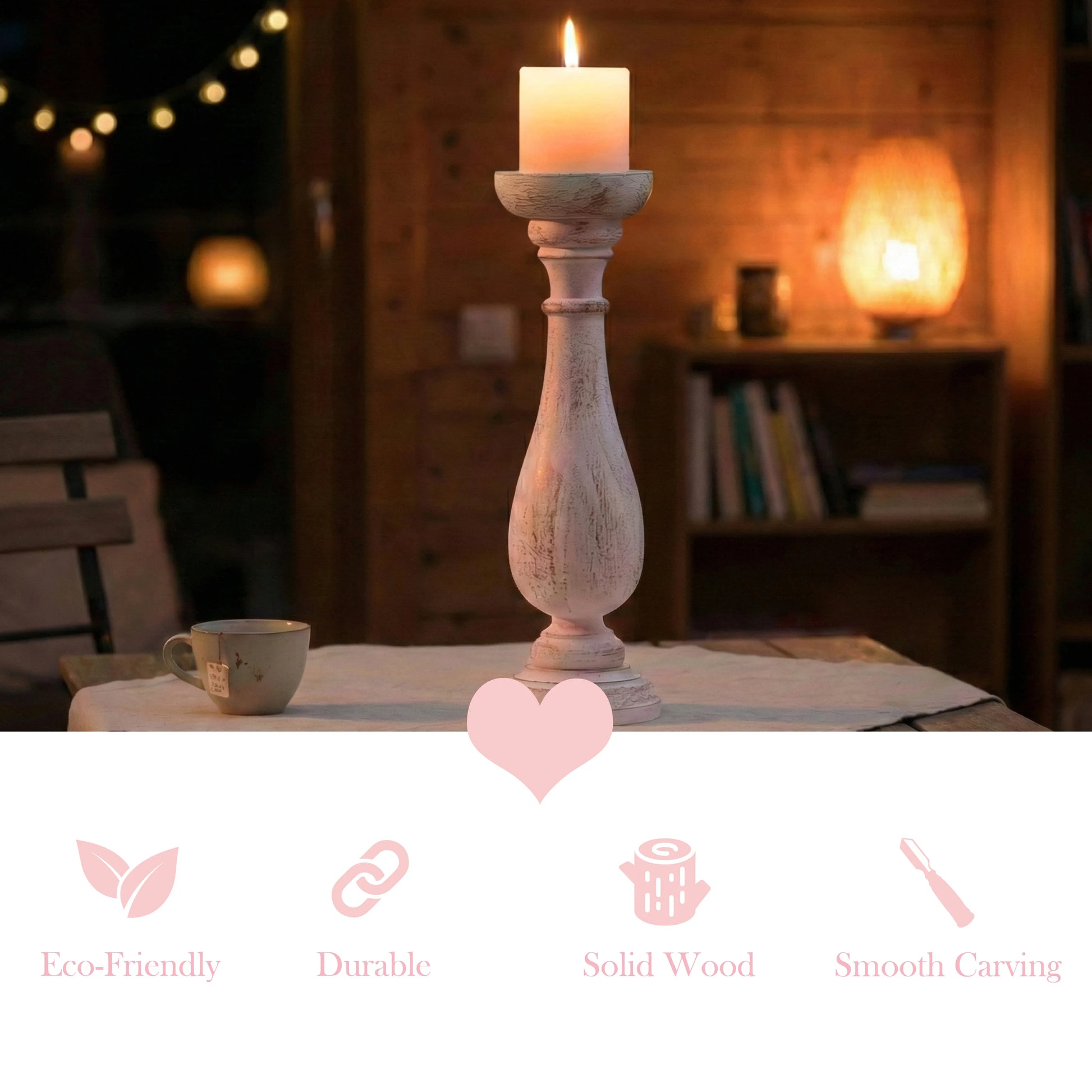 Wooden candle holder with a lit candle on a table in a cozy room.