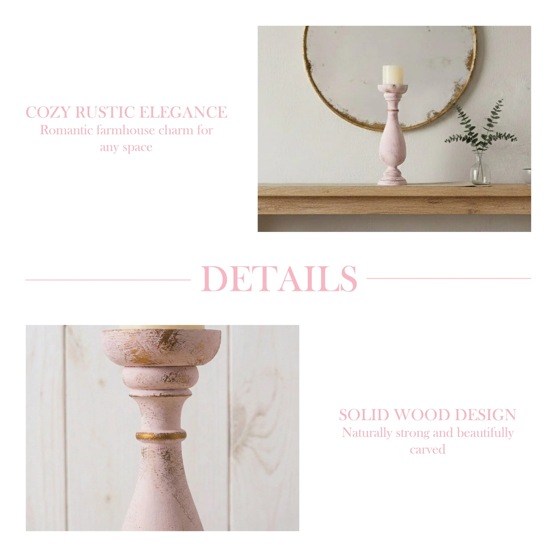 Decorative pink candle holder on a wooden shelf with text about rustic elegance.