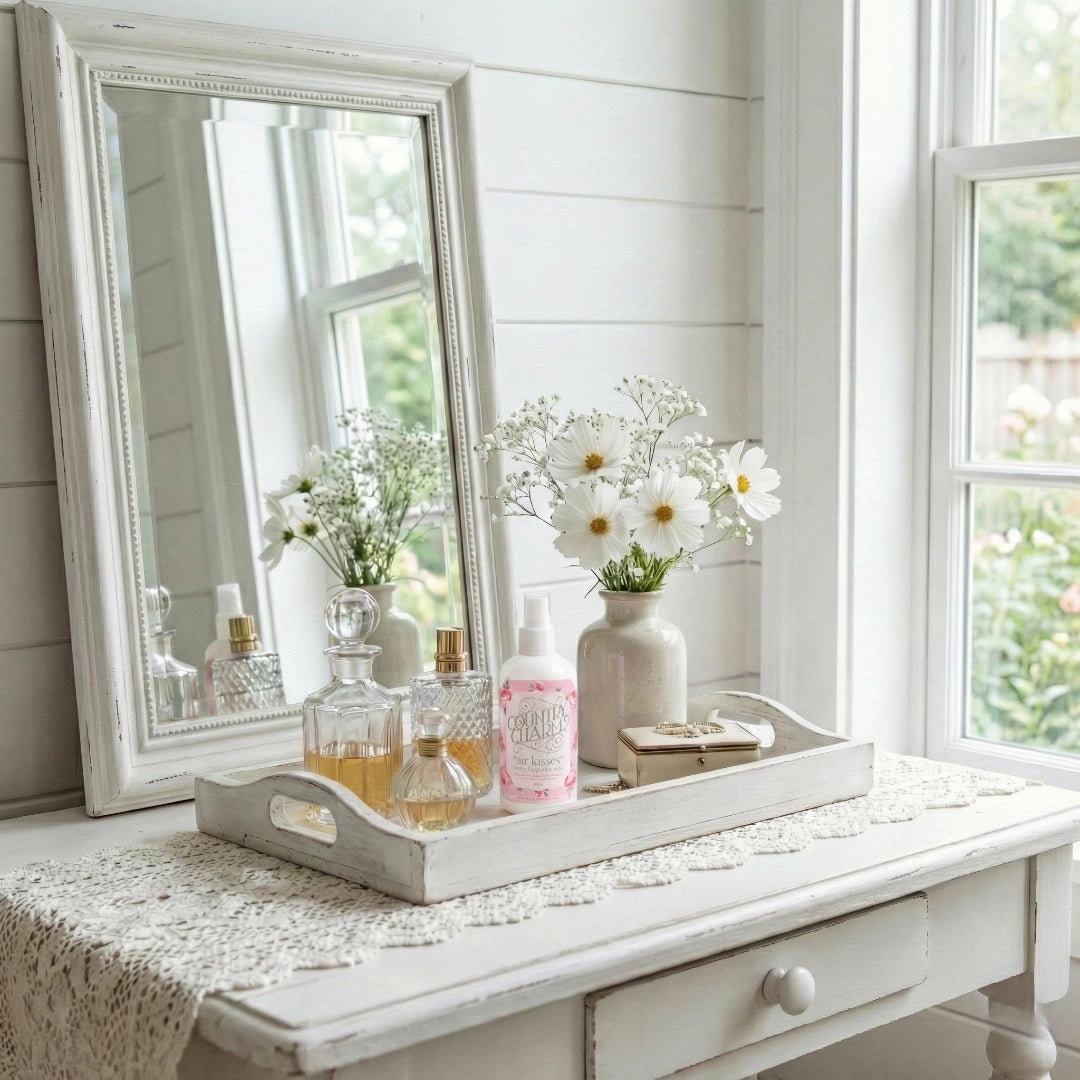 Country Charm Air Kisses Home Fragrance displayed on decorative tray with flowers and mirror