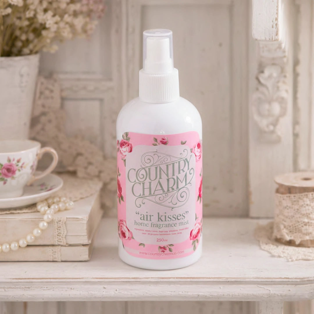 Country Charm Air Kisses Home Fragrance mist displayed with flowers and books on decorative surface