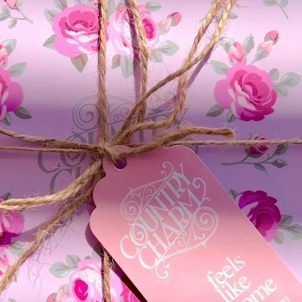 Gift with floral pattern and 'country charm' tag