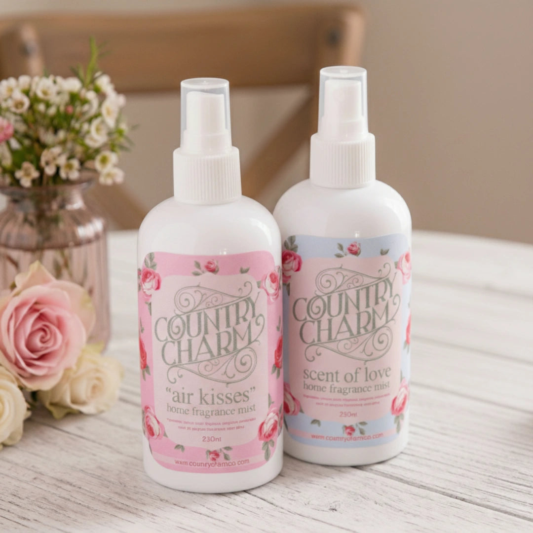 Two bottles of Country Charm home fragrance mist on a wooden surface with flowers in the background.
