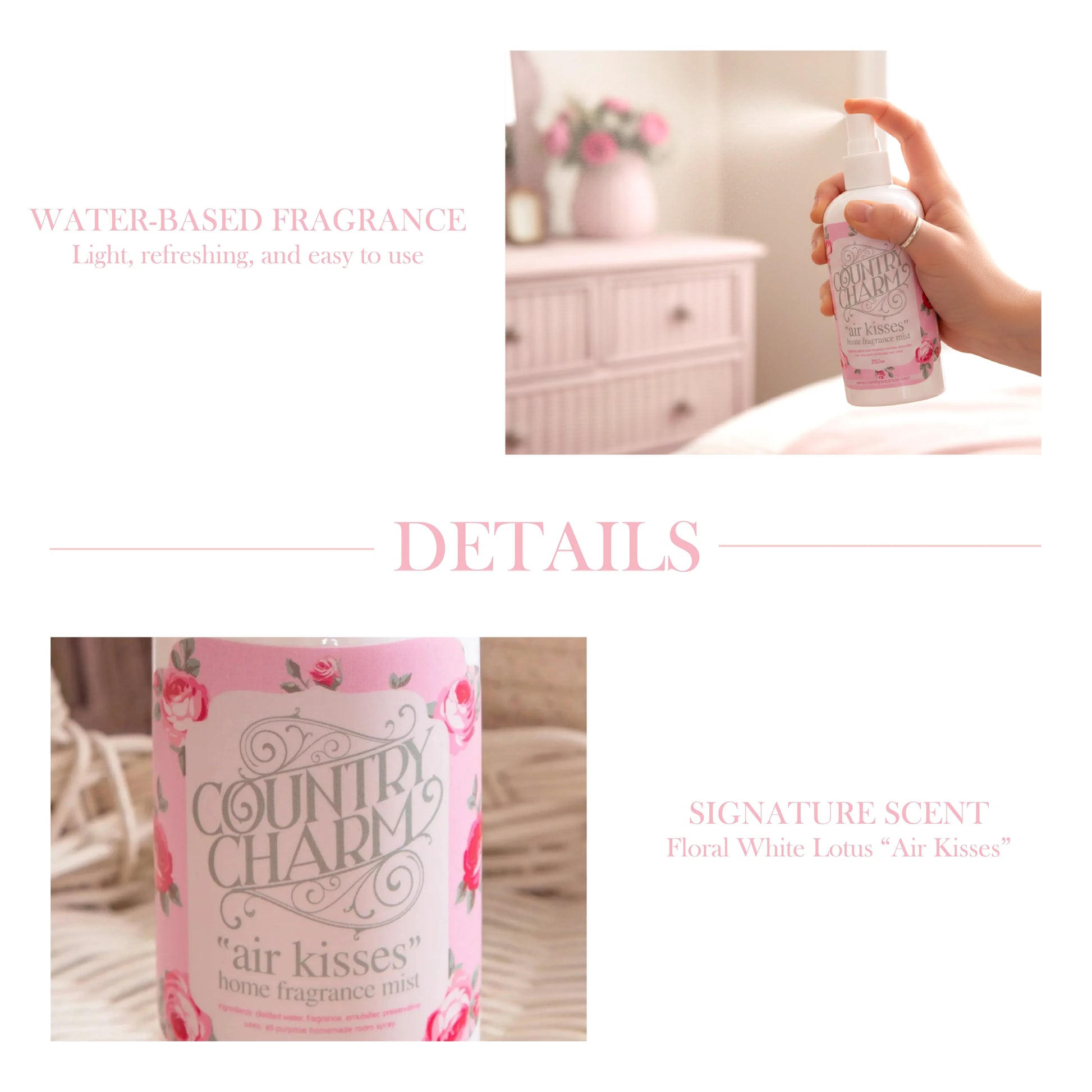 Country Charm air freshener with packaging details and usage scenario.